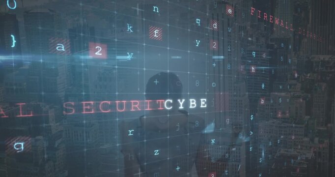 Animation of cyberattack warning and caucasian woman over cityscape