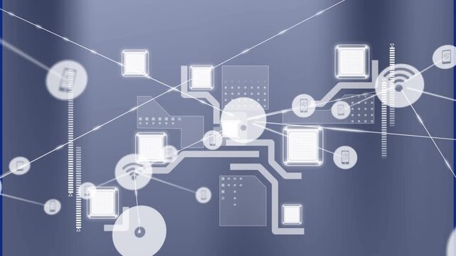 Animation of network of connections with icons over computer circuit board on grey background