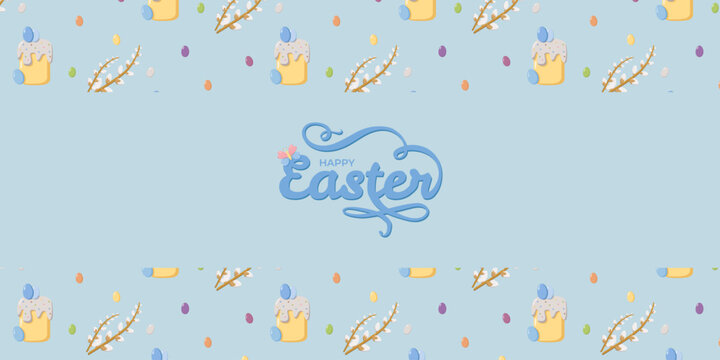 Festive Happy Easter design with blue text and butterfly on light blue background, surrounded by decorated cakes, colorful eggs, and pussy willow branches, cheerful seasonal holiday pattern