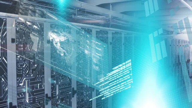 Animation of blue light spot and screens with data processing against computer server room