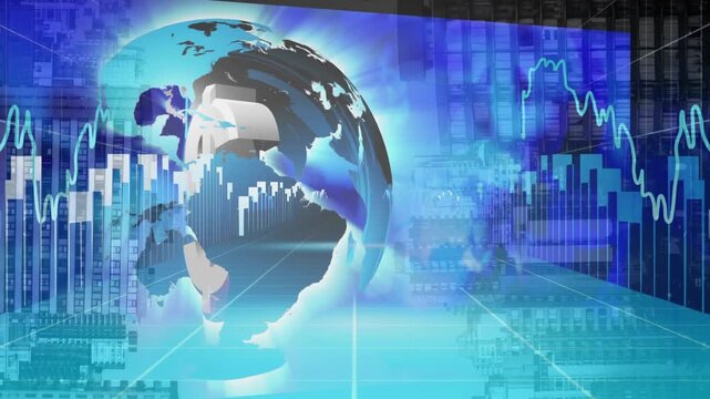 Animation of globe rotating with dollar sign and multiple moving graphs with grid pattern