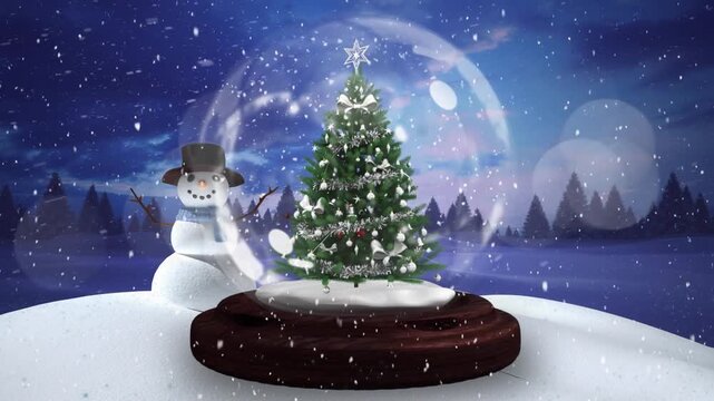 Animation of snow globe over snow falling