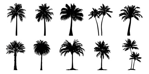 Naklejka premium A set of black tropical palm tree silhouettes featuring coconut leaves and branches in a nature-inspired vector illustration for summer beach island landscape design patterns