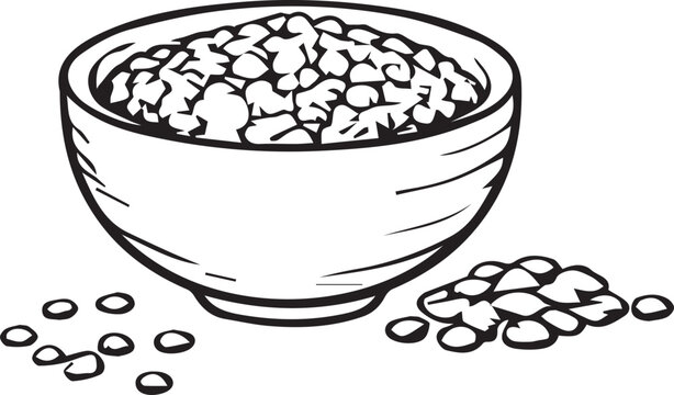 A precise hand-drawn vector of beans in a bowl, featuring clean lines and no unnecessary details. Ideal for food, agriculture, and organic product design projects.