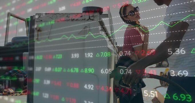 Animation of financial data processing over people in petrol station