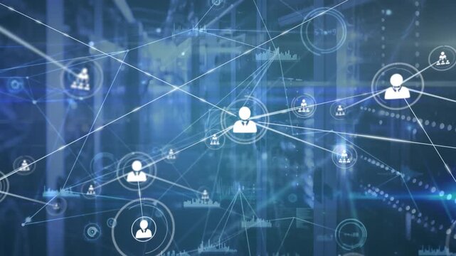 Animation of connected icons, soundwave and graph icons against server room in background