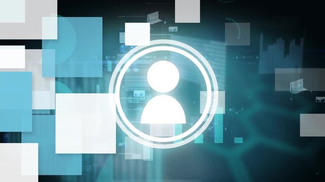 Animation of profile icon, squared shapes and statistical data processing against blue background