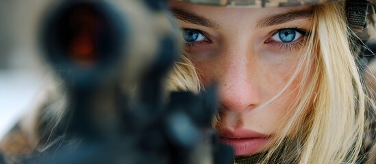 Naklejka premium Close-up of a female soldier holding a weapon.