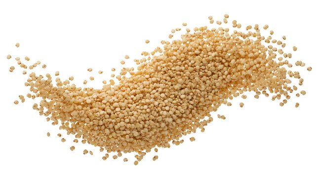 Raw quinoa seeds flying, isolated on white background, clipping path, macro.