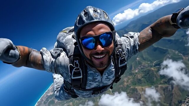 A man in a helmet and goggles is skydiving in the air