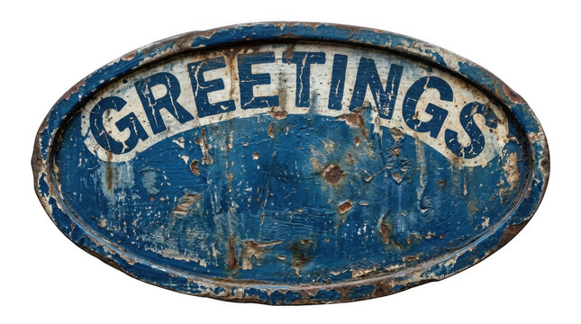 Old oval blue and white metal sign with Greetings text showing severe paint chipping rust and wear isolated on black