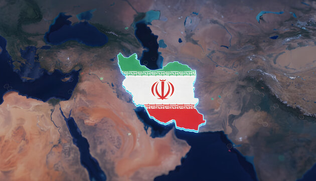 Iran map with flag overlay on satellite view