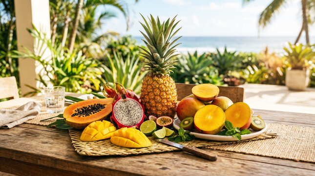 Tropical fruit arrangement on wooden table by ocean
