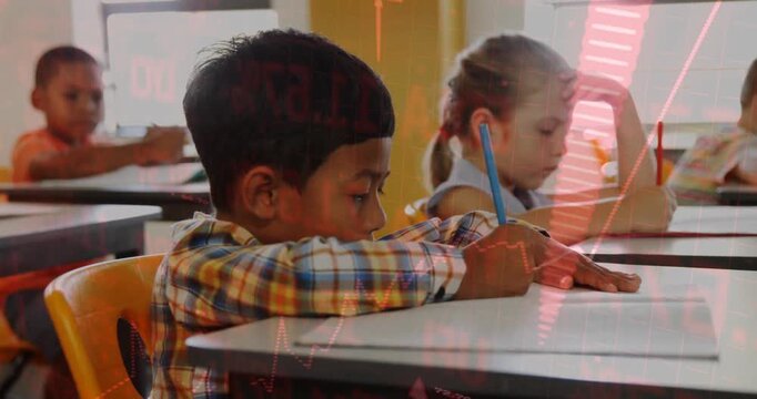 On flickering translucent red graph overlays, students writing notes for classroom data learning