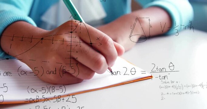 Right hand appearing writing quadratic roots and tan2? on notebook with overlays showing progressi