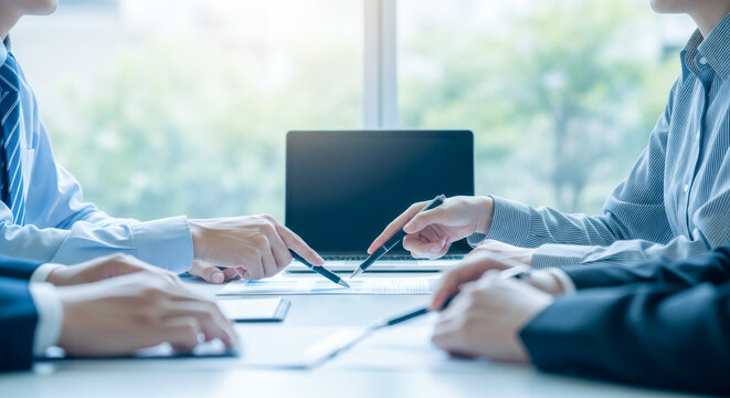 オフィスのミーティング：パソコン・モバイル・資料を使った会議室での打ち合わせ