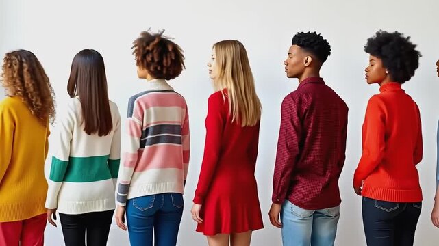 A group of people standing in a line wearing different colored sweaters