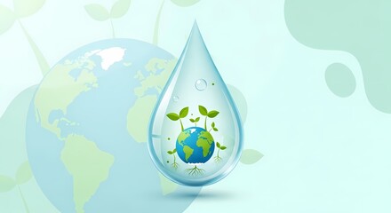 Fototapeta premium A clear water droplet encapsulating a small Earth globe with green sprouts, symbolizing global water conservation and environmental protection.