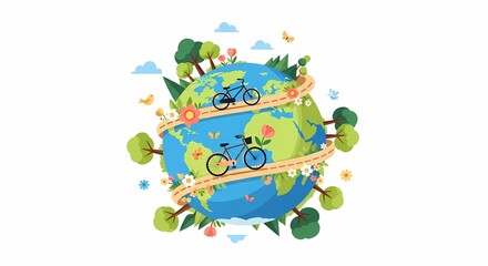 Naklejka premium A vibrant illustration of Earth with bicycles on a winding path, symbolizing global sustainable travel and environmental awareness.