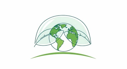 Obraz premium Stylized green globe with a protective transparent dome and leaf-like elements, symbolizing environmental protection and global sustainability.