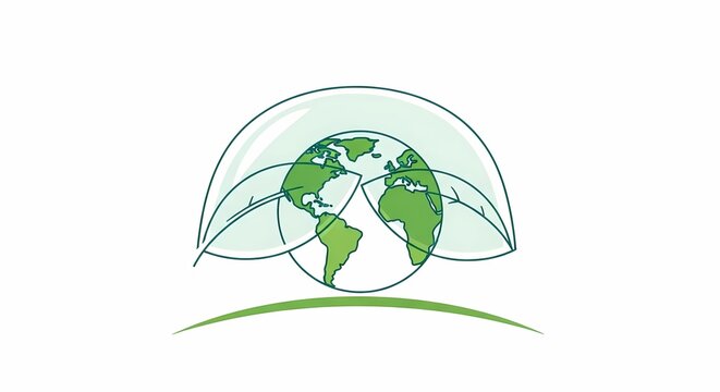 Stylized green globe with a protective transparent dome and leaf-like elements, symbolizing environmental protection and global sustainability.