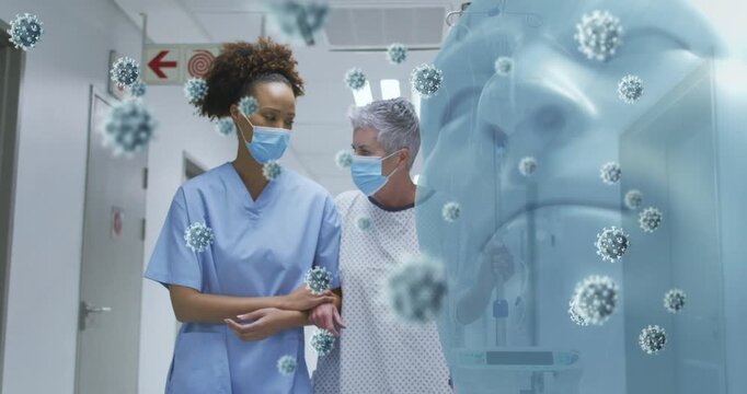 Healthcare worker linking arms escorting patient for support, with face overlay and floating virus