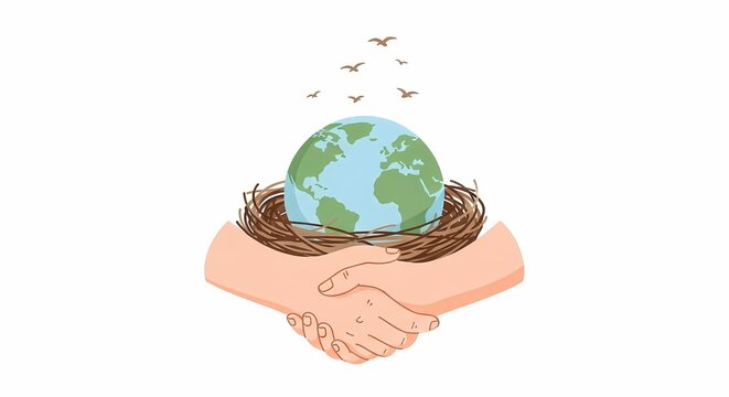 Two hands shaking forming a base for a bird's nest holding the Earth, with birds flying above, symbolizing global environmental cooperation and protection.