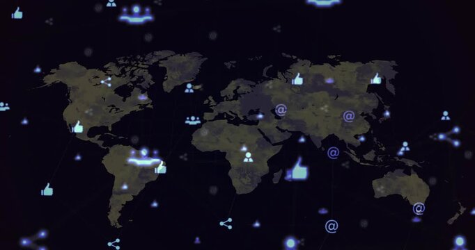 Muted world map appearing and icons pulsing and connecting, visualizing rising global connections