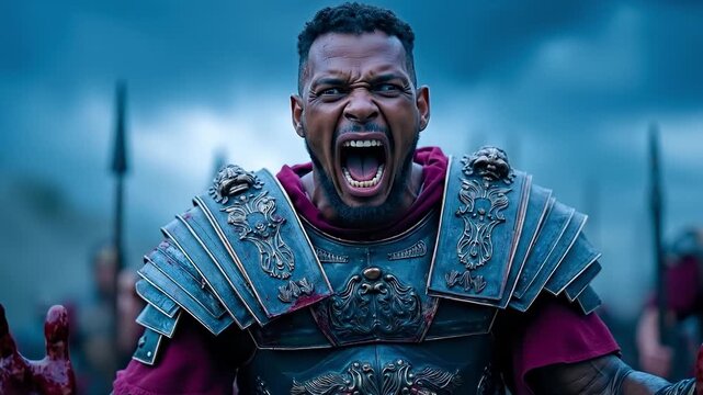 A man in a gladiator costume with blood on his hands