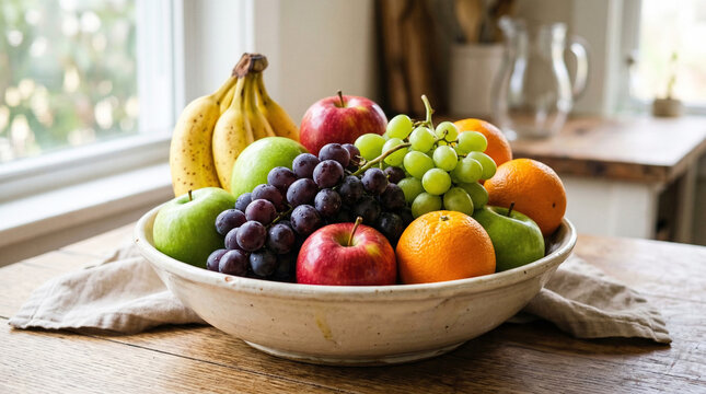 Fresh fruit bowl on wooden table indoors