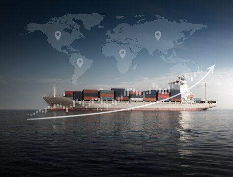 Cargo ship loaded with shipping containers sailing in ocean, overlay of global map and upward trending stock market candlestick chart. Rrepresents growth global economy and import export industries.