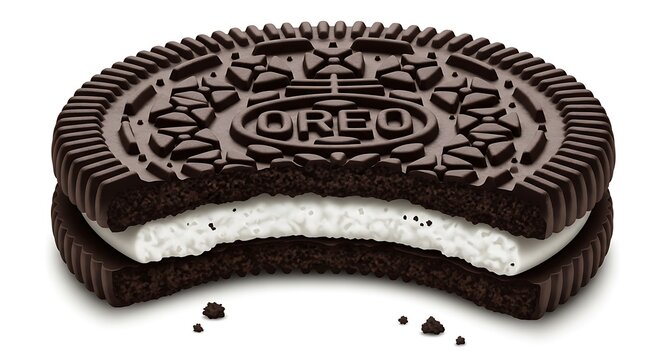 A bitten oreo cookie with cream filling exposed