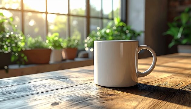 White ceramic mug on wooden table in warm sunlight