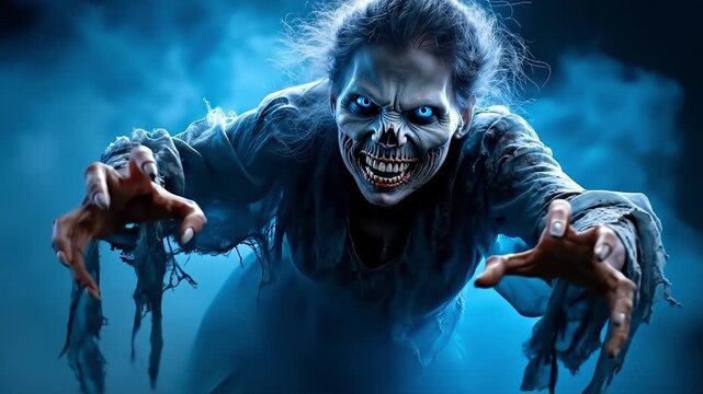 A creepy looking zombie with blue eyes and a creepy face