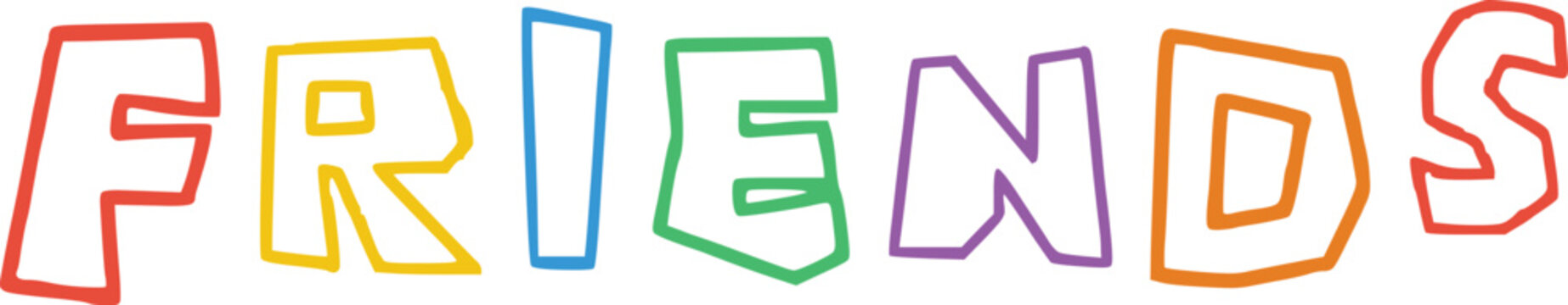 Friends word spelled out in colorful, outline bubble letters against transparent checkerboard background