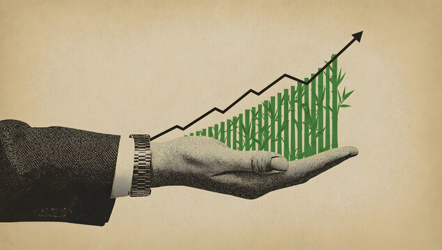 Hand holding a bamboo chart and upward arrow. Sustainable growth.