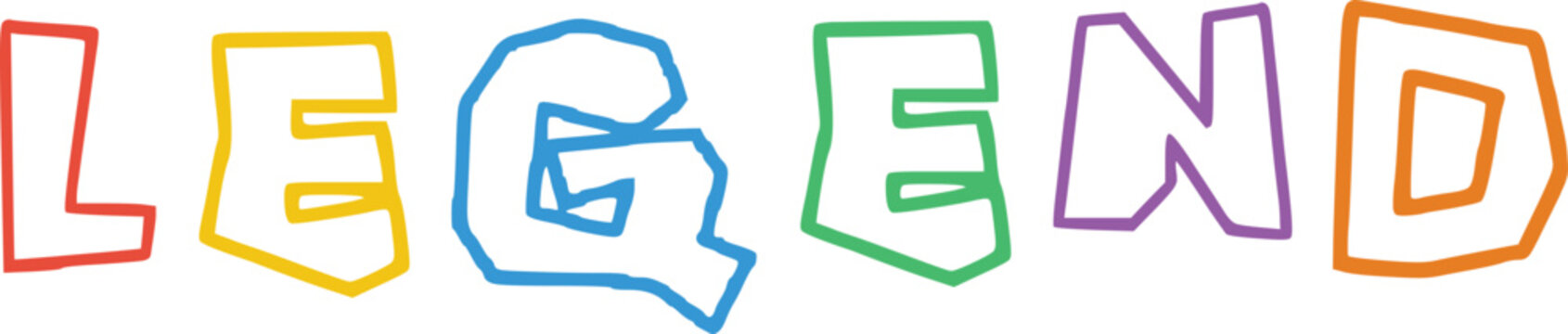 Bold letters spelling legend colorful bright playful outlined uppercase alphabet with clear background cartoon style graphic element