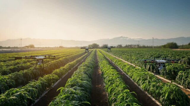 Multiple agricultural drones flying over a lush green crop field at sunrise with advanced technology monitoring plants and automated farming innovation