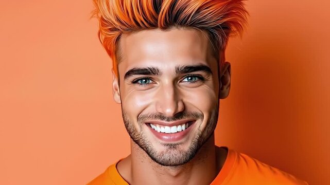A man with bright orange hair smiling at the camera