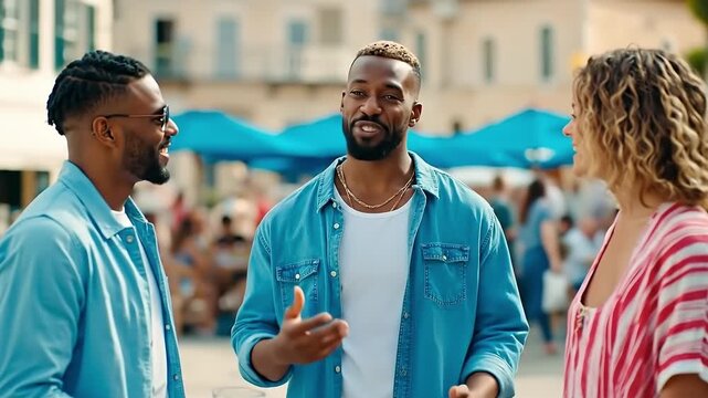 A group of three people standing next to each other on a city street