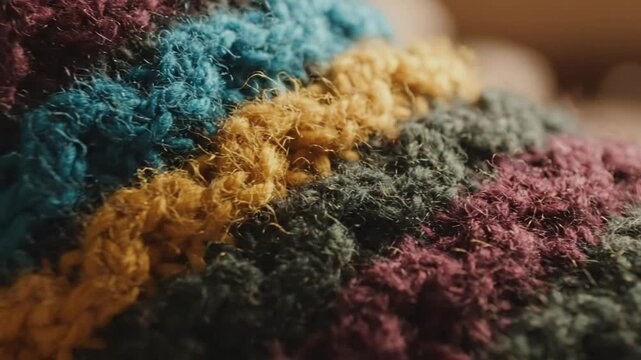 Close-up of a crocheted patchwork blanket in vibrant colorful yarns revealing texture and detail