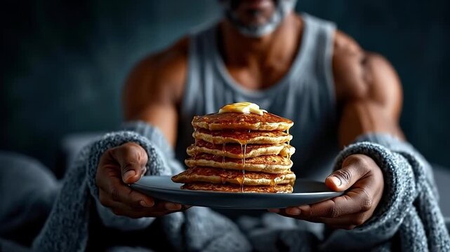 A man holding a plate of pancakes with syrup on it