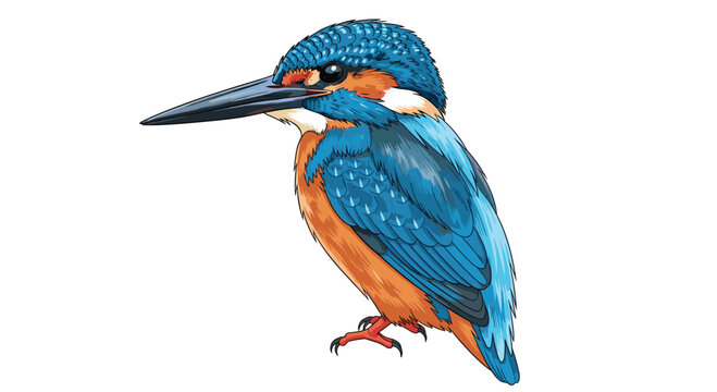 Vibrant kingfisher bird, featuring striking blue and orange plumage and a long, sharp beak, perched attentively, ready to dive for fish.