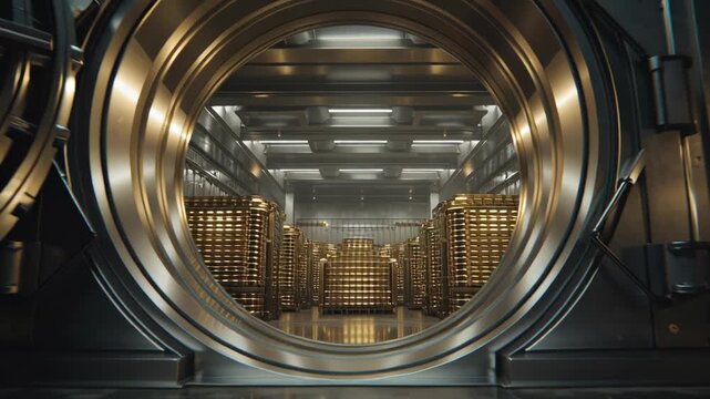 Interior view of a large secure bank vault filled with safety deposit boxes.