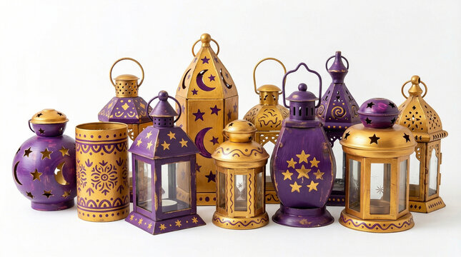 Collection of ornate decorative moroccan and middle eastern style lanterns crafted from metal with intricate cutwork patterns and star motifs in vibrant purple