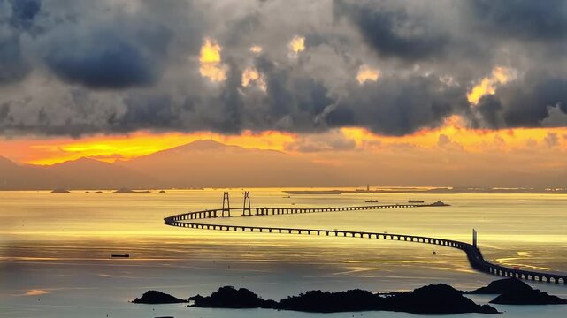 Scenic aerial view of Hong Kong-Zhuhai-Macao Bridge spanning across sea at sunset with dramatic golden sky and clouds in China.