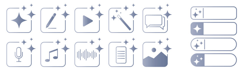 Set of AI assistant icons with magic wand, image, video, music and chat symbols. Artificial intelligence tools for content creation, creative automation and generative design interface for apps  © Svitlana Tolmach 