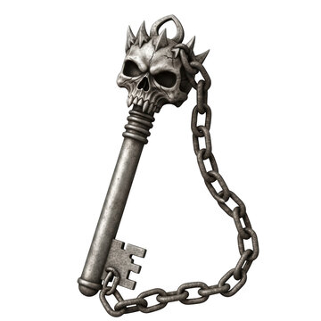A large metal key with a skull on it isolated on transparent background