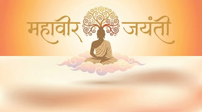 Mahavir Jayanti celebration illustration with meditating Jain Tirthankara statue on lotus flower in golden glow