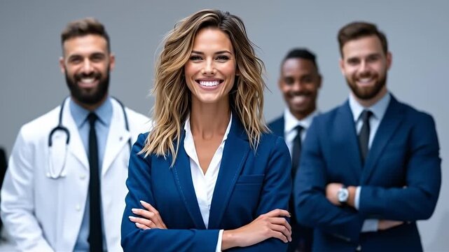 A woman in a blue suit standing in front of a group of doctors